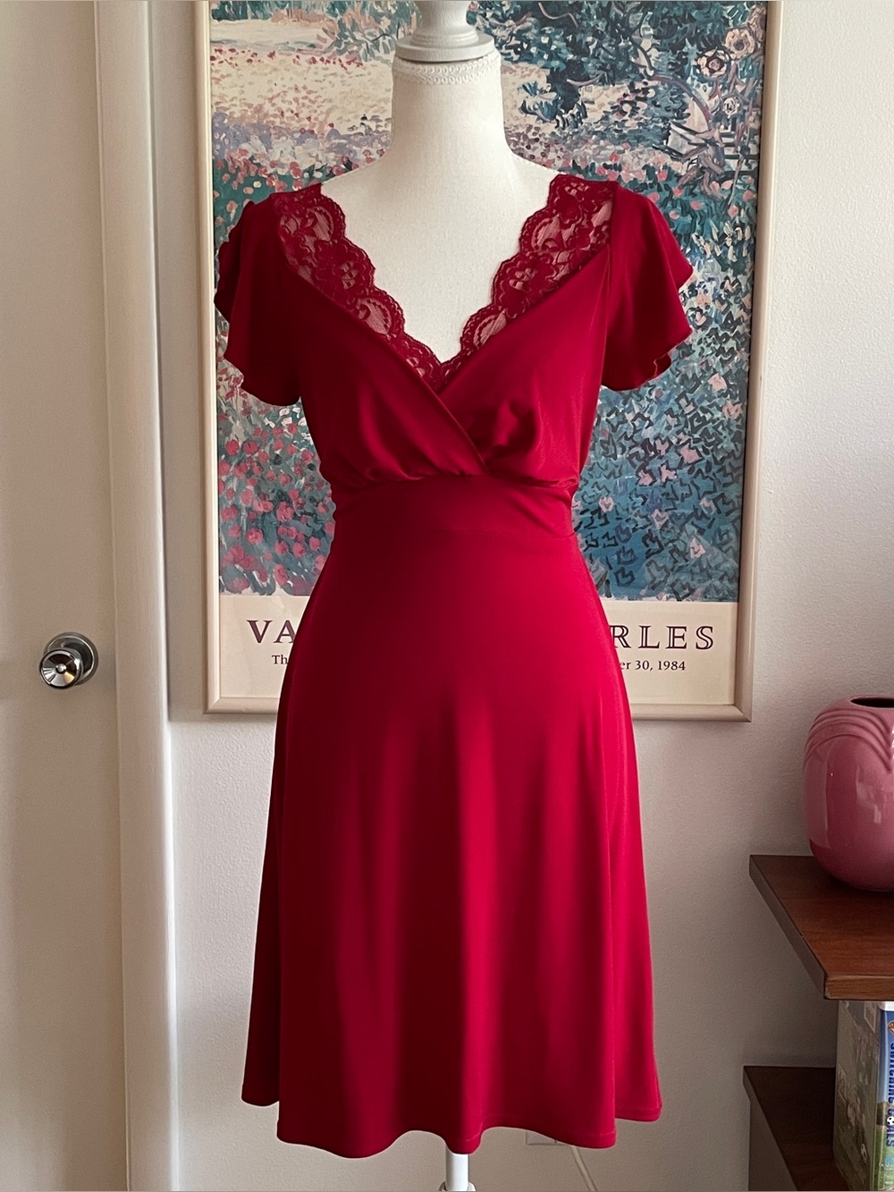 Vintage Y2K Red Lace Trim V-Neck Flutter Sleeve Mini Dress Coquette Romantic